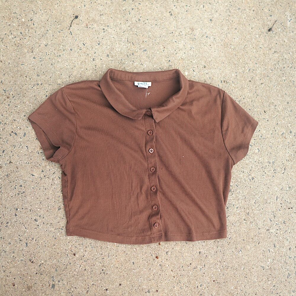Rue21 Brown Button Up Crop Top Size M Collared Ribbed Short Sleeve Baby Tee Polo